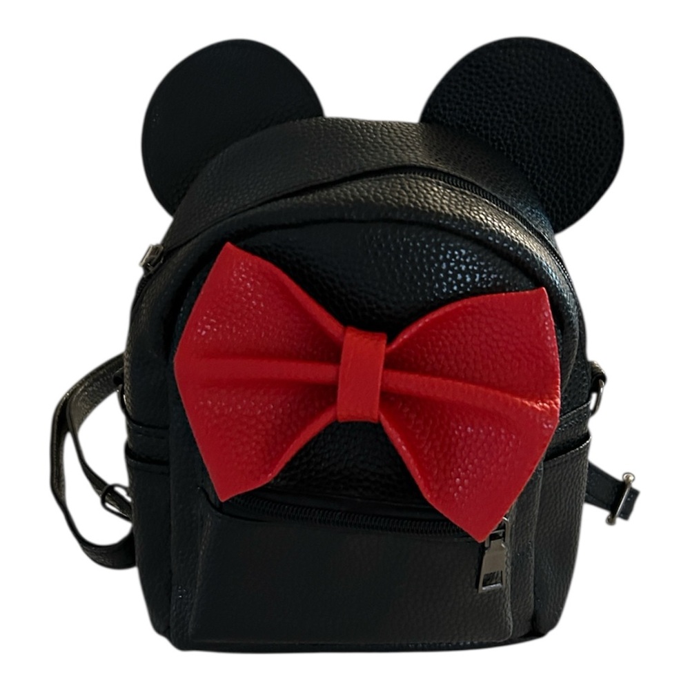 🟢 Minnie Mouse Backpack black faux leather with Red Bow small size 7” height